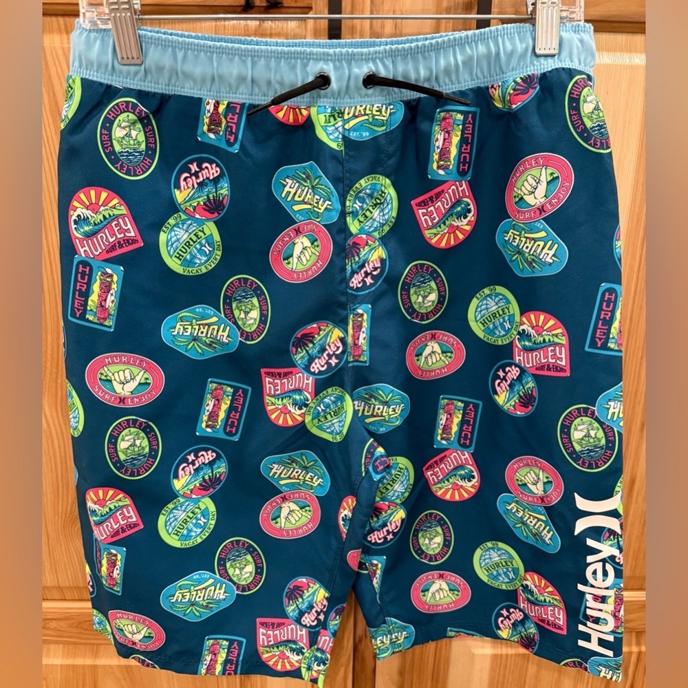 Hurley Blue With Multicolor Logo Swim Shorts For Beach Pool Lounging in the Sun